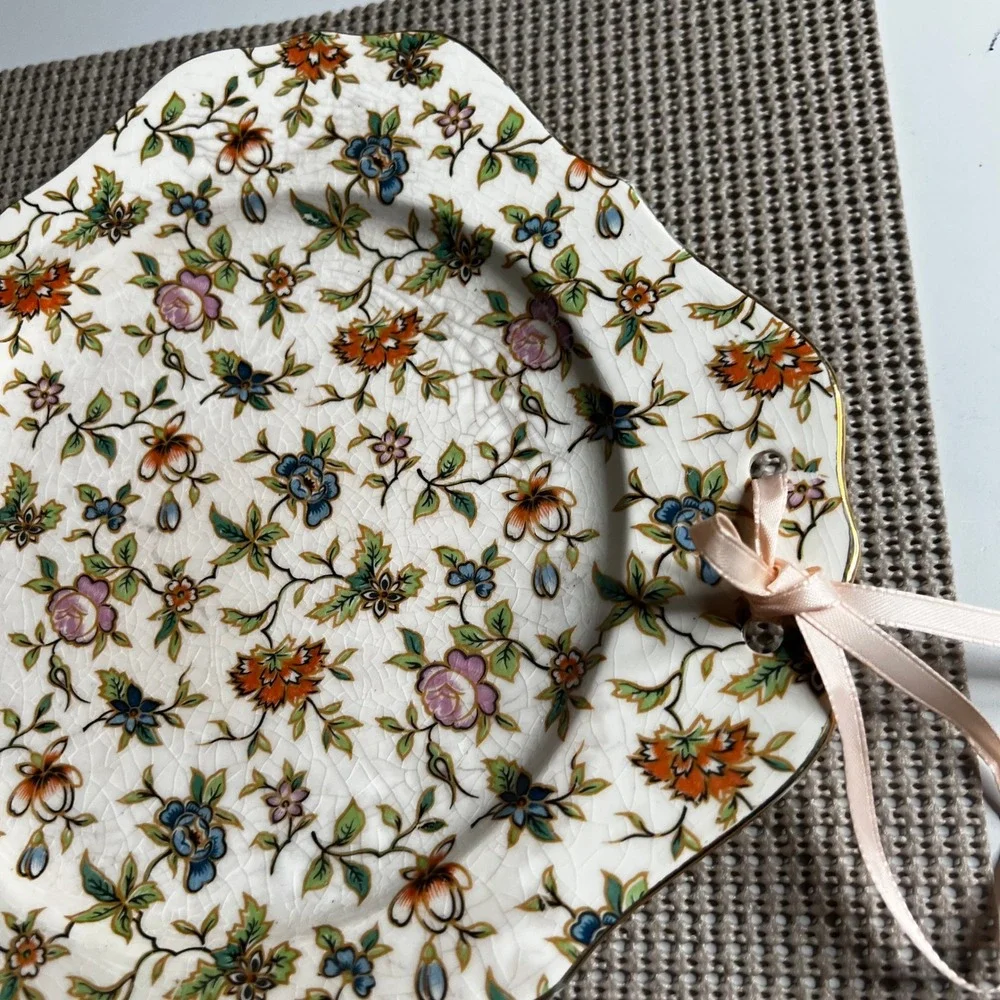 Vintage Hand Painted Japan Floral Chintz Scalloped Square Plate Ribbon Accents